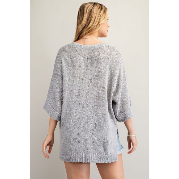 Easel Heather Grey Ultra Soft Slouchy Pullover Deep V-Neck Side Slit Sweater - Picture 2 of 5